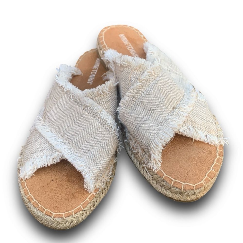 Minnetonka Women's Cream Slip-On Sandals - Picture 4 of 12